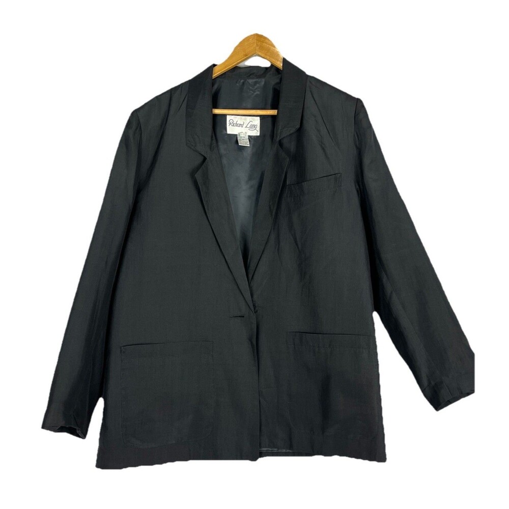 Black 100% Silk Blazer Women M Lightweight Classic Minimal Jacket - Picture 3 of 12